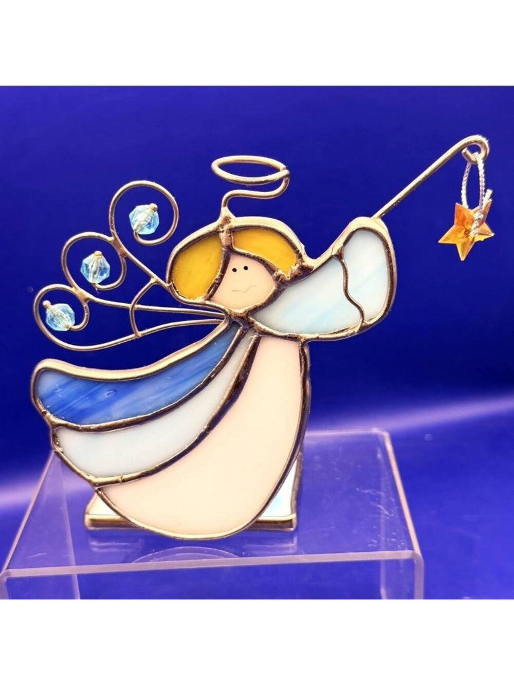Stained Glass Angel Tealight Candle Holder Christmas Wire Wing Crystal Star 5"